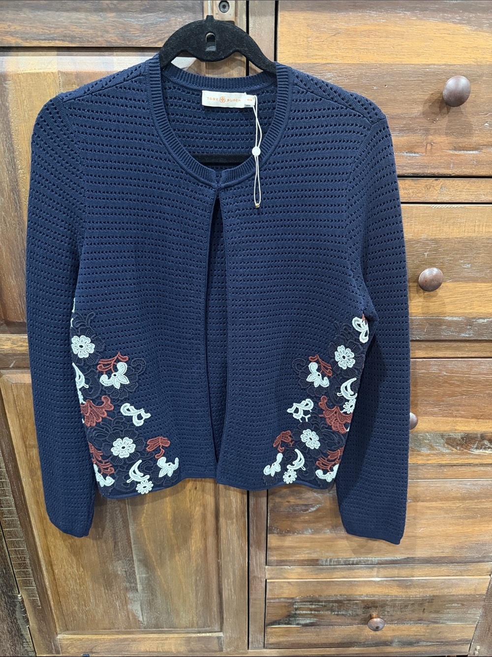Tory Burch Navy Floral Embroidered Open Cardigan